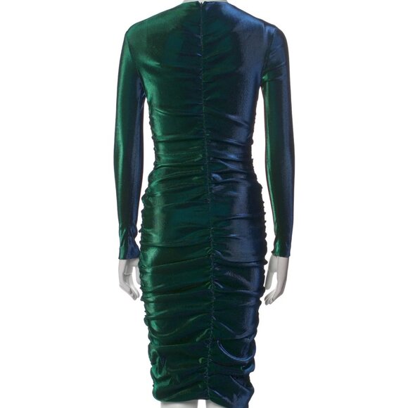 NWT Area Iridescent Green Ruched Midi Dress - XS - Picture 3 of 10